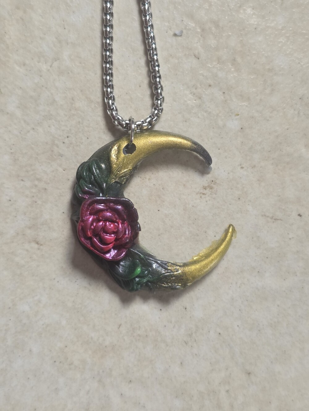 Crescent Moon With Rose In Center Resin Pendant On Silver Tone Chain